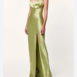 NICHOLAS Satin Olive Maxi Slip Gown with Front Slit